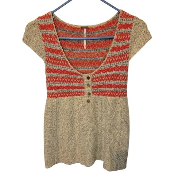 Free People fisherman knit cap sleeve babydoll fair isle wool sweater top. XS - Picture 1 of 6